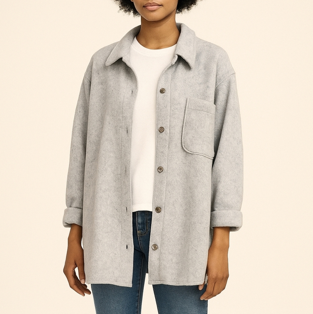 Grey Fleece Button-Up Shirt Shacket Cottagecore